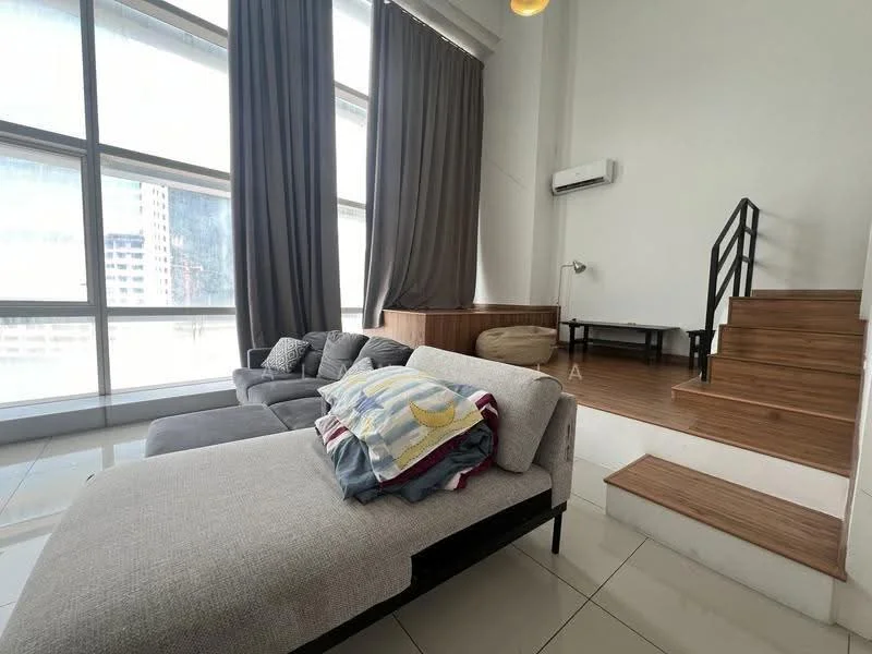 Living features: large floor-to-ceiling windows, grey fabric sectional sofa, light grey chaise lounge, wooden staircase, air conditioning unit, white walls, cream tile flooring, curtains in dark grey, decorative throw pillows, wooden platform area; style: modern; view: city.