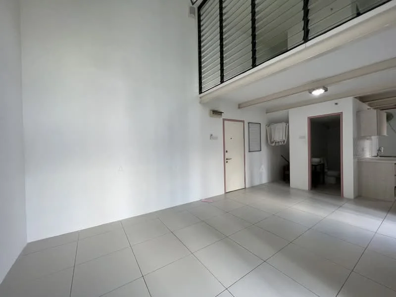 Room features: white painted walls, tile flooring, high ceiling, door, window, open layout, kitchenette area, light fixtures; style: modern.