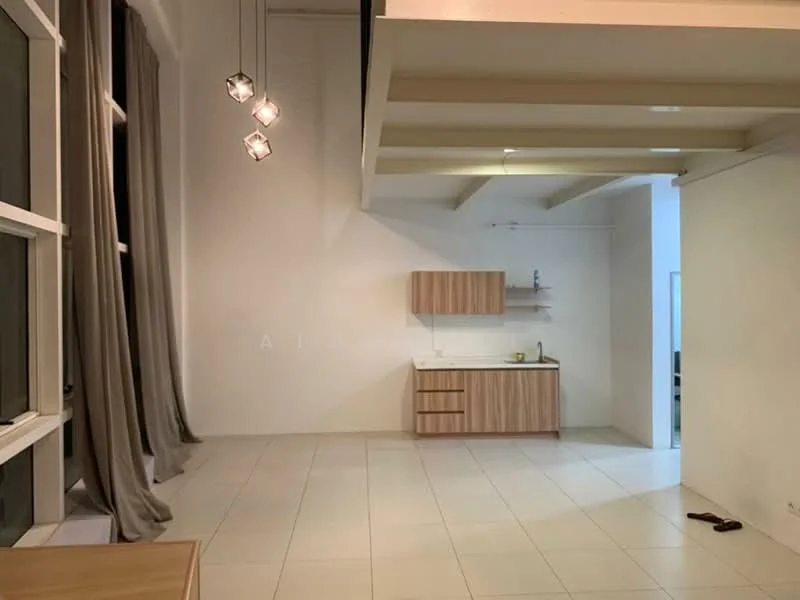 Living features: white painted walls, tile flooring, exposed beams ceiling, large windows with sheer curtains, kitchenette with wooden cabinetry, single-bowl stainless-steel sink, countertop, recessed lighting, pendant lights, open layout; style: modern.