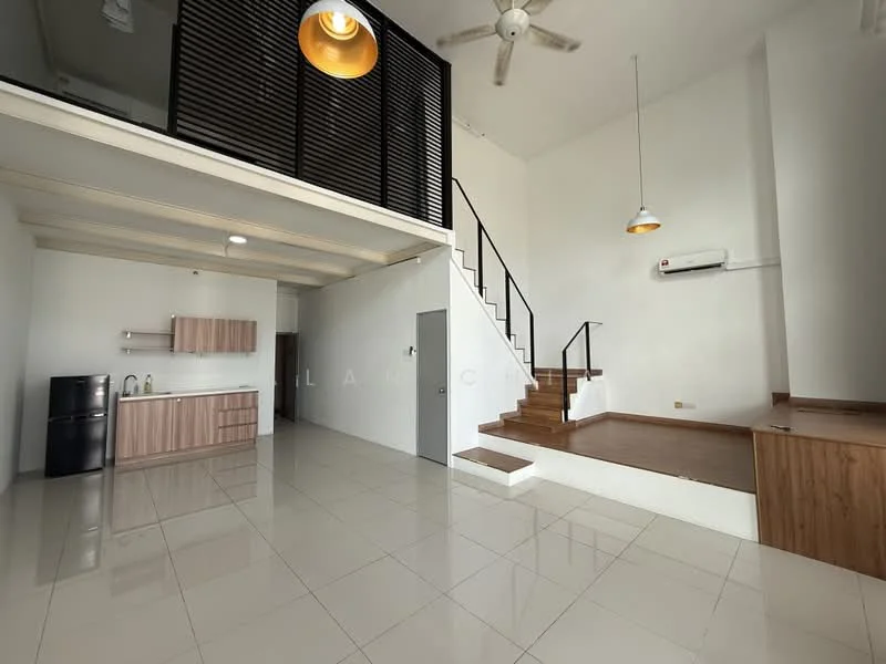 Living features: white painted walls, glossy tile flooring, 5-blade ceiling fan, pendant light, wall-mounted split AC, staircase with wooden steps, open kitchen area, kitchen cabinetry in light wood, black refrigerator, countertop space, large windows for natural light; style: modern.