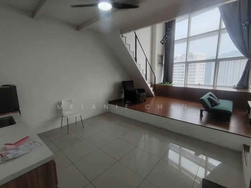 Living features: large floor-to-ceiling windows, grey curtains, white painted walls, tile flooring, ceiling fan, black armchair, green sofa, wooden platform, staircase, kitchenette with countertop; style: modern; view: city.