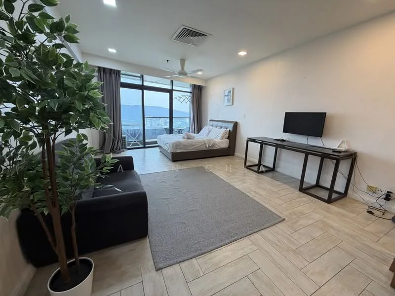 Living features: grey fabric sofa, coffee table, wall-mounted TV, area rug with geometric pattern, floor-to-ceiling windows, curtains, wooden flooring, decorative plant in pot, mountain view; style: modern; view: mountain.