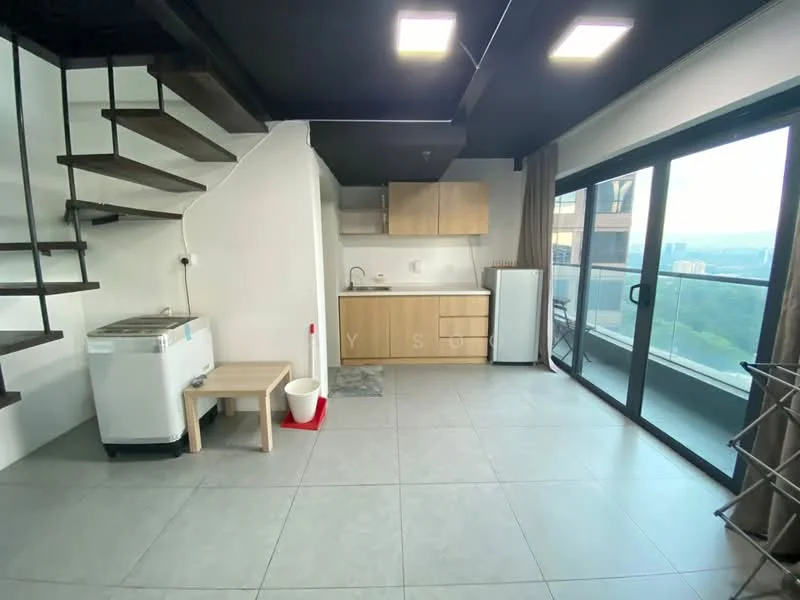 Kitchen features: stainless-steel sink, chrome pull-down faucet, wood cabinetry, countertop with grey surface, built-in stove, refrigerator, open shelving, tile flooring, floor-to-ceiling windows, balcony access, staircase, recessed ceiling lights; style: modern; view: city.