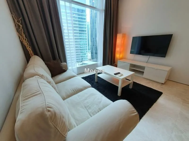 Living features: 3-seater fabric sofa in cream, black area rug, white coffee table, wall-mounted TV, TV console in white, floor-to-ceiling windows, curtains in grey, decorative floor lamp, neutral wall colour, marble flooring; style: modern; view: city.