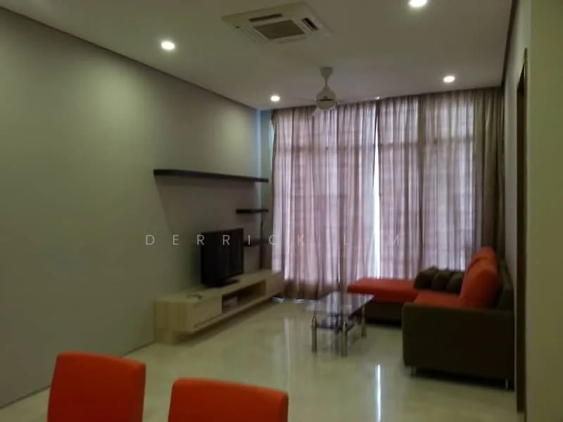 Living features: cream painted walls, marble flooring, 5-blade ceiling fan with light, floor-to-ceiling windows with sheer curtains, L-shape sectional sofa in orange and brown, glass coffee table, TV console, wall-mounted TV, open shelving unit; style: modern.