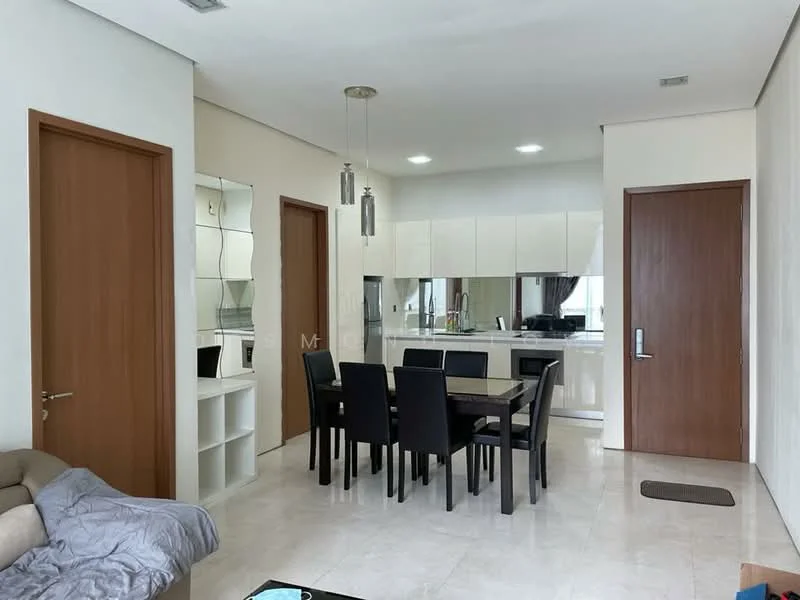 Dining features: dining table with 6 chairs, cream painted walls, marble tile flooring, recessed downlights, mirror wall feature, open kitchen layout, kitchen cabinetry with white finish, black countertop, stainless-steel appliances, floor-to-ceiling windows, light curtains; style: modern. Living features: 3-seater fabric sofa in beige, coffee table, area rug, wall-mounted TV, decorative wall panel, light fixture; style: modern.