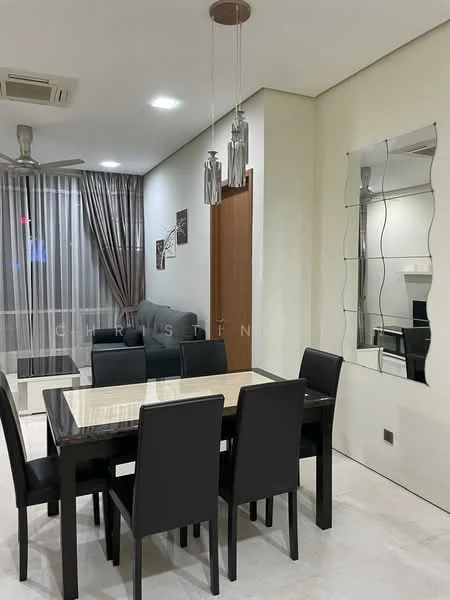 Dining features: 6-seater dining table with cream tabletop, black dining chairs, pendant lighting with multiple glass fixtures, mirror with wavy edge, floor-to-ceiling windows with sheer curtains, grey fabric sofa in background, air conditioning unit on ceiling, light-colored tiled flooring; style: modern.