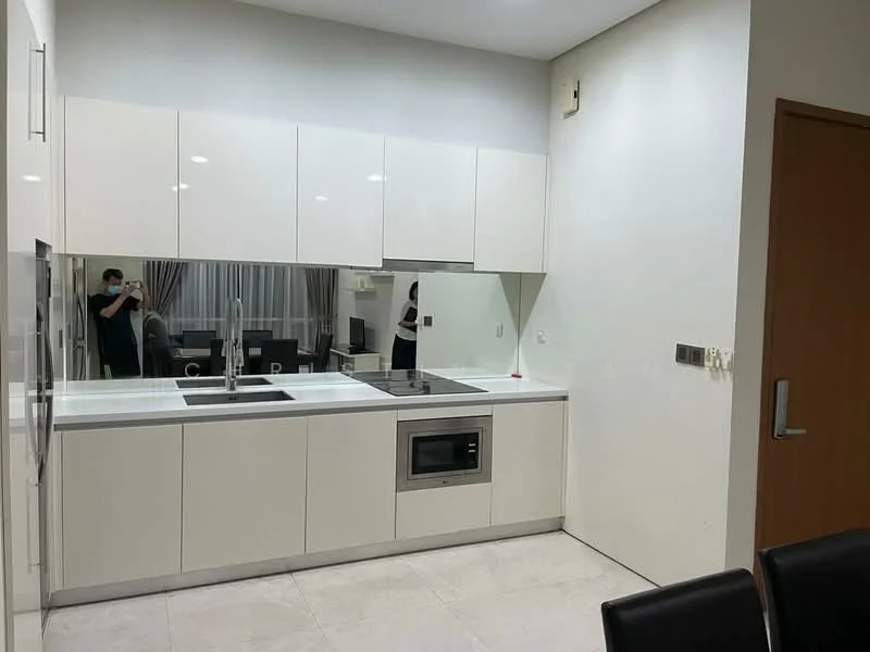 Kitchen features: white cabinetry, stainless-steel sink, chrome pull-down faucet, built-in microwave, ceramic cooktop, white quartz countertop, full-height mirror backsplash, recessed downlights, tile flooring, open shelving, kitchen island, modern design; style: modern.