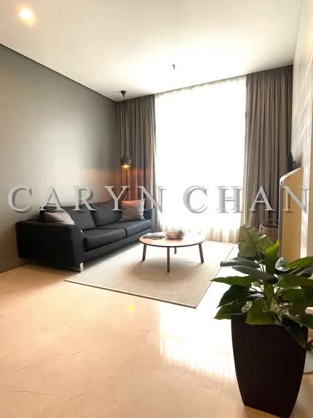 Living features: black fabric sofa, round coffee table, area rug, floor-to-ceiling windows, sheer curtains, cream marble flooring, wall-mounted light fixture, potted plant; style: modern.