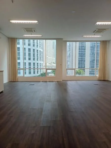 Room features: laminate flooring, floor-to-ceiling windows, sheer curtains, recessed downlights, 2 wall-mounted split ACs, neutral painted walls, open layout, city view; style: modern; view: city.