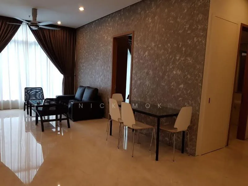 Living features: cream marble flooring, grey accent wall with textured finish, floor-to-ceiling windows with sheer curtains, 5-blade ceiling fan, black leather sofa, glass coffee table, black armchair, 4-seater dining table with white chairs; style: modern.
