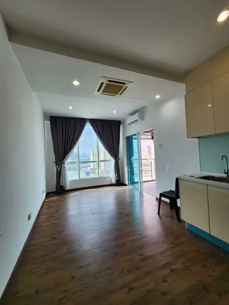 Living features: wooden flooring, white painted walls, recessed downlights, floor-to-ceiling windows, sliding glass door, grey curtains, wall-mounted split AC, kitchenette with upper cabinets, single-bowl stainless-steel sink, chrome pull-down faucet, countertop, black chair; style: modern; view: city.