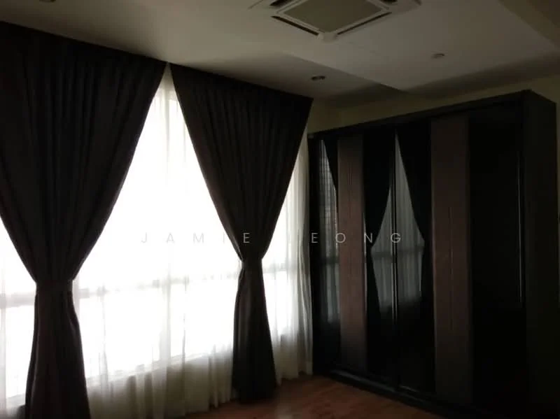 Room features: floor-to-ceiling windows, blackout curtains, sheer curtains, wooden flooring, built-in wardrobe with sliding doors, recessed ceiling lights, air conditioning unit; style: modern; view: city.