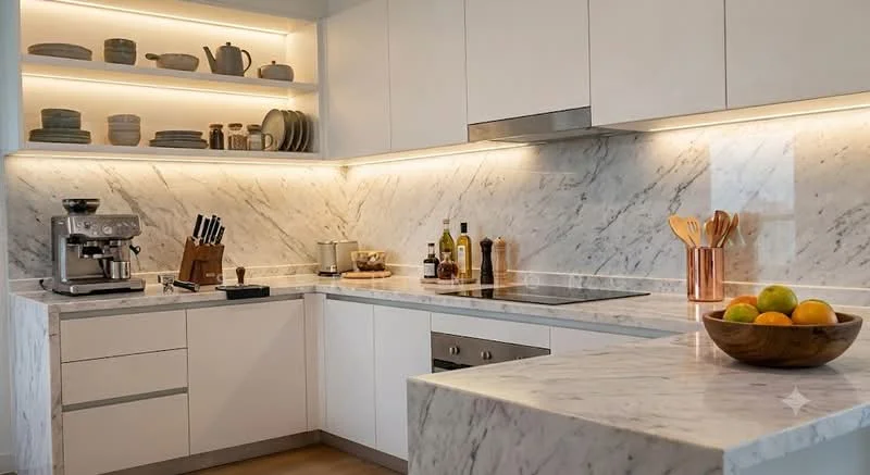Kitchen features: white cabinetry, marble countertop, marble backsplash, built-in oven, stainless-steel cooktop, espresso machine, wooden utensils, glass jars, bowl of fruit, under-cabinet lighting, open shelving, knife block, bottle of olive oil, decorative plates; style: modern.