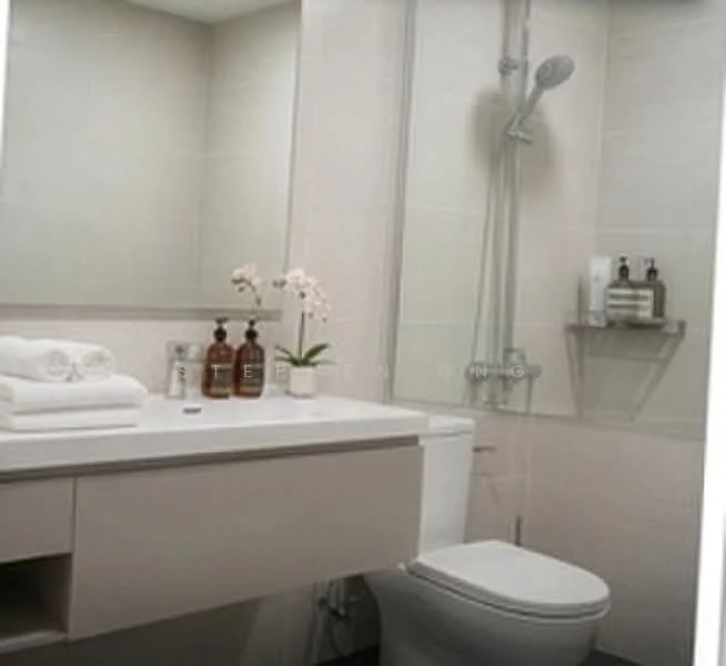 Bathroom features: single-sink vanity with white cabinet, chrome basin mixer faucet, framed mirror, one-piece toilet, handheld shower, shower wall with tile cladding, white towels, decorative plant, shelf with toiletries; style: modern.