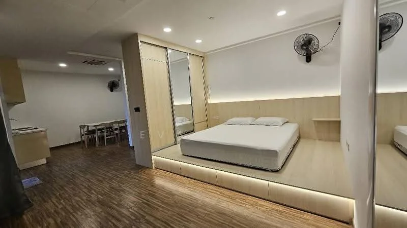 Bedroom features: king-size bed, wooden flooring, built-in wardrobe with mirrored doors, recessed LED lighting, wall-mounted ceiling fans, neutral wall colour, bedside shelf, open layout to living area; style: modern. Room features: kitchenette area, dining table with chairs, open space layout.
