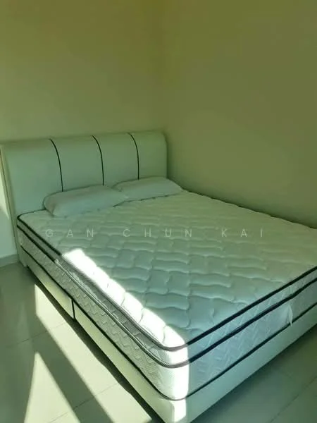 Bedroom features: queen-size bed, upholstered headboard in white, two white pillows, white bed frame, light-colored walls, glossy tile flooring, natural light from window; style: modern.