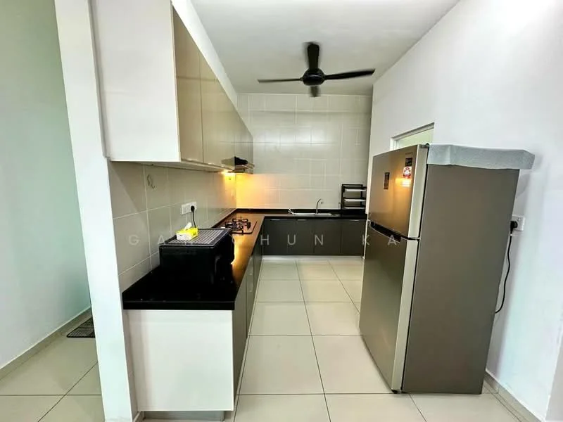 Kitchen features: black granite countertop, white cabinetry, stainless-steel fridge, built-in gas stove, exhaust hood, single-bowl stainless-steel sink, wall-mounted faucet, ceramic tile flooring, recessed downlights, 5-blade ceiling fan; style: modern.