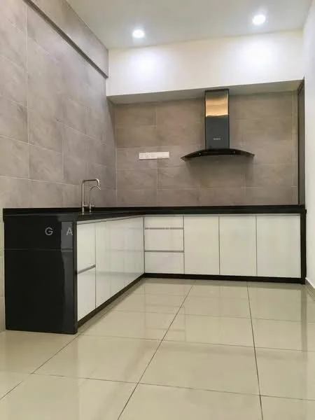 Kitchen features: black granite countertop, white glossy cabinetry, built-in oven, stainless-steel range hood, single-bowl stainless-steel sink, chrome pull-down faucet, ceramic tile flooring, grey tiled backsplash, recessed LED downlights, wall-mounted cabinets, open shelving, no visible appliances other than oven and hood; style: modern.