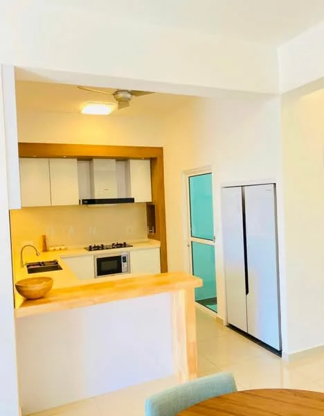 Kitchen features: white cabinetry, wooden countertop, stainless-steel fridge, built-in oven, freestanding range oven, microwave, gas hob, single-bowl stainless-steel sink, chrome pull-down faucet, pendant light, ceiling fan, tile flooring, white walls; style: modern.