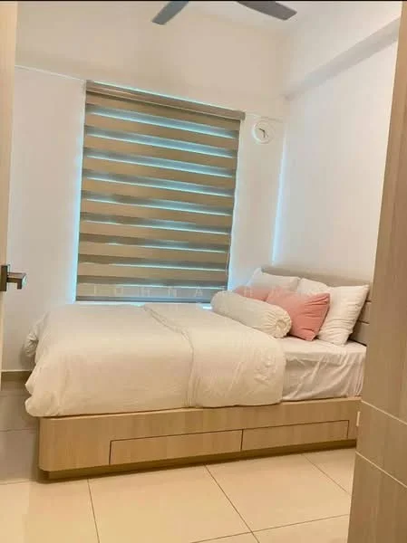 Bedroom features: queen-size bed with white bedding, upholstered headboard, wooden bed frame with storage drawers, striped roller blinds, ceiling fan, white painted walls, tile flooring, decorative pillows; style: modern.