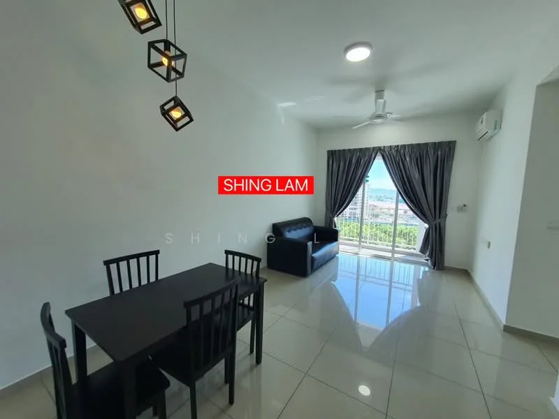 Living features: white painted walls, glossy tile flooring, 5-blade ceiling fan with light, sofa in black, dining table with 4 black chairs, floor-to-ceiling windows, curtains, natural light, view of the city; style: modern; view: city.