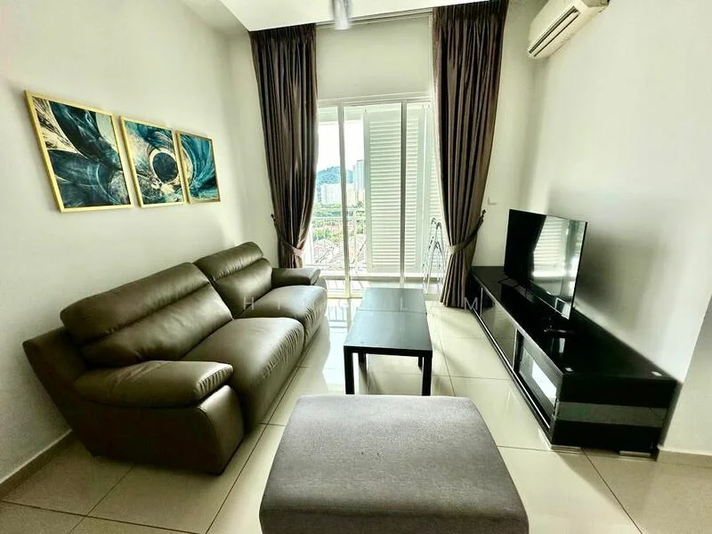 Living features: 3-seater leather sofa in grey, coffee table, wall-mounted TV, TV console in black, floor-to-ceiling windows, sheer curtains, light-coloured tiled flooring, air conditioning unit, decorative artwork on walls; style: modern; view: garden.
