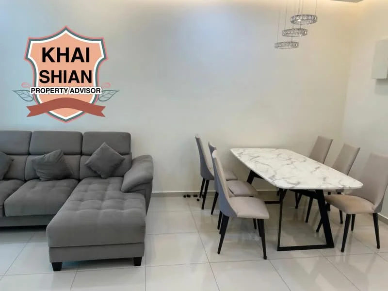 Dining features: rectangular marble dining table, 6 upholstered dining chairs in light grey, 3-seater fabric sofa in grey, white painted walls, glossy tile flooring, modern pendant lighting, decorative wall features, neutral color palette; style: modern.