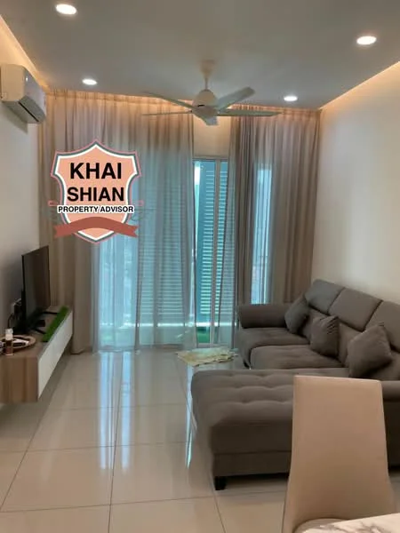 Living features: grey fabric sectional sofa, wall-mounted TV, TV console with storage, floor-to-ceiling windows, sheer curtains, recessed LED downlights, 5-blade ceiling fan, white painted walls, glossy tile flooring, decorative wall paneling; style: modern; view: city.