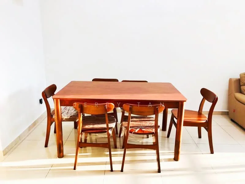 Dining features: wooden dining table, 5 wooden dining chairs, cream tiled flooring, white painted walls, natural light from window, minimalist decor; style: modern.