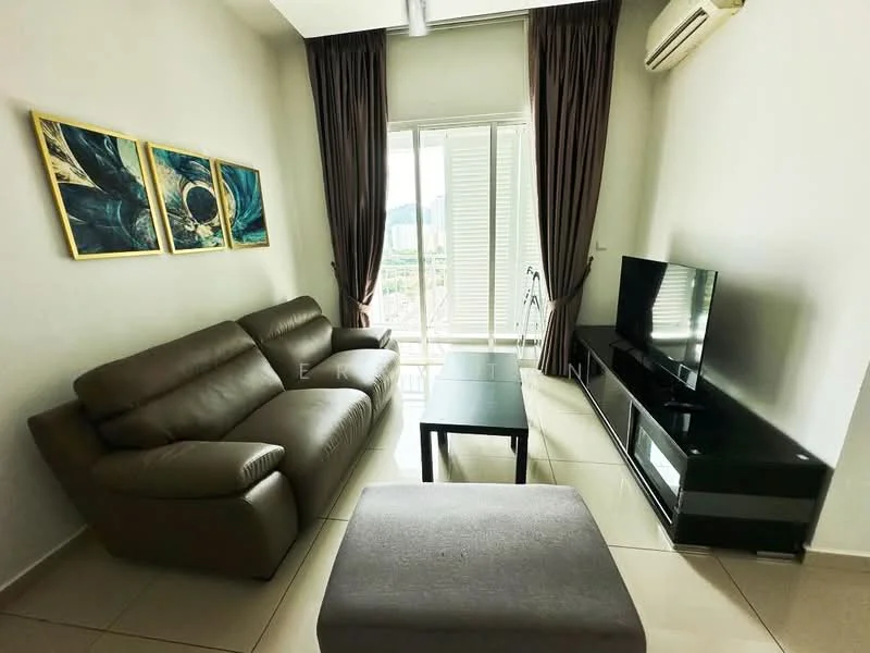 Living features: 3-seater leather sofa in light brown, coffee table, TV console, wall-mounted TV, floor-to-ceiling windows, sheer curtains, air conditioning unit, tile flooring, decorative artwork on walls, area rug; style: modern; view: city.