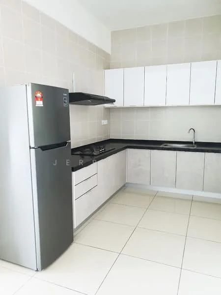Kitchen features: stainless-steel fridge, black countertop, white upper cabinets, grey lower cabinets, built-in oven, 4-burner gas hob, single-bowl stainless-steel sink, chrome pull-down faucet, ceramic tile flooring, light beige tiled walls, exhaust hood; style: modern.