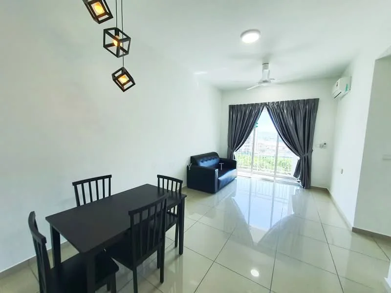 Living features: white painted walls, glossy ceramic tile flooring, ceiling fan with light, sofa in black, dining table with 4 black chairs, floor-to-ceiling sliding glass door, dark curtains, view of city skyline; style: modern; view: city.