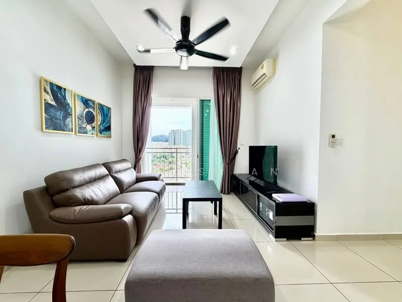Living features: 3-seater leather sofa in brown, coffee table, wall-mounted TV, TV console in black, floor-to-ceiling windows, curtains in dark brown, ceiling fan with light, white painted walls, glossy tile flooring, air conditioning unit; style: modern; view: city.