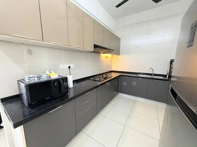 Kitchen features: black granite countertop, grey flat-panel cabinets, stainless-steel sink, chrome pull-down faucet, built-in oven, freestanding range oven, microwave, black refrigerator, ceramic tile flooring, white tiled walls, recessed downlights, ceiling fan; style: modern.