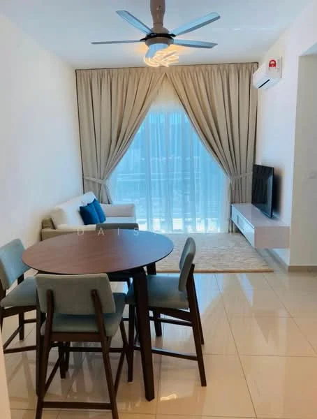 Living features: white painted walls, glossy tile flooring, 5-blade ceiling fan with light, floor-to-ceiling windows with sheer curtains, sofa in light color, round dining table with wooden legs, 4 dining chairs in blue and brown, wall-mounted TV unit, area rug, air conditioning unit; style: modern.