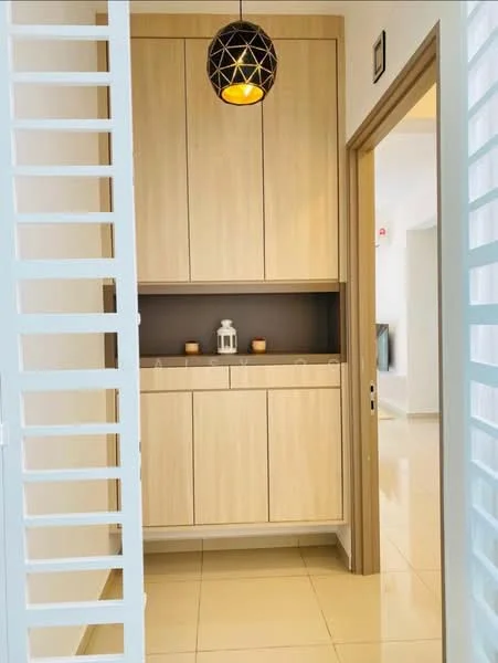 Room features: light wood cabinetry, built-in storage cabinets, white walls, glossy beige tile flooring, pendant light fixture, decorative lantern, open shelving, neutral color scheme; style: modern.