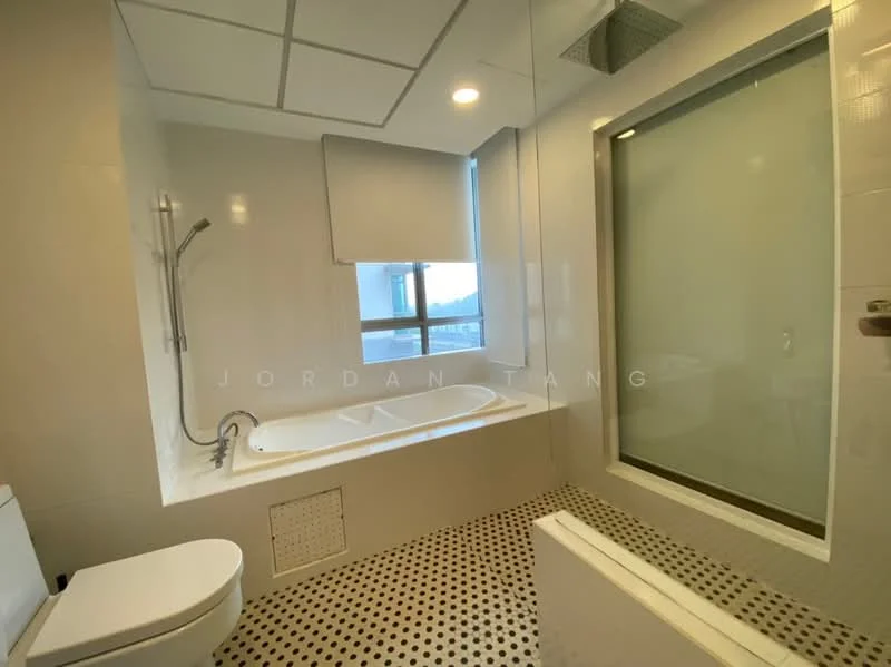 Bathroom features: walk-in shower with glass enclosure, rain shower head, bathtub, white ceramic toilet, single-sink vanity with white cabinet, mirror, grey tile flooring, white tiled walls, window with city view, shower faucet, towel rack; style: modern; view: city.