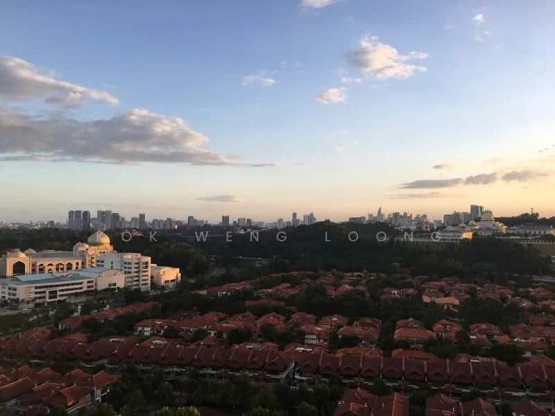 Exterior features: city skyline view, residential rooftops, green landscaping, distant high-rise buildings, cloudy sky, sunset lighting; style: modern.