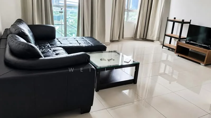 Living features: L-shape sectional sofa in black leather, glass coffee table, TV console in wood, wall-mounted TV, large windows with city view, curtains in light fabric, polished ceramic tile flooring, neutral wall color; style: modern; view: city.