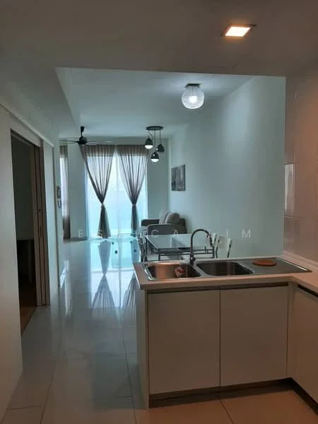 Kitchen features: white cabinetry, double-bowl stainless-steel sink, chrome pull-down faucet, white quartz countertop, ceramic tile flooring, recessed downlights, open layout to living area; style: modern. Living features: sofa, coffee table, floor-to-ceiling windows, sheer curtains, pendant lighting, area rug; style: modern; view: city.