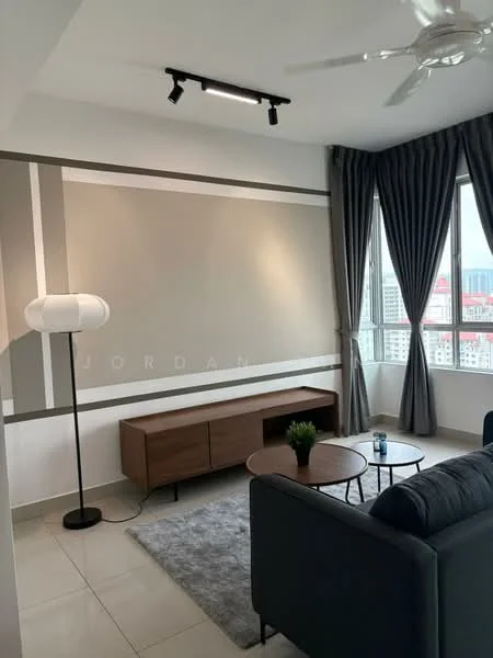 Living features: grey fabric sofa, wooden coffee table, area rug with geometric pattern, floor-to-ceiling windows, curtains in dark grey, wall-mounted light fixture, wooden TV console, decorative plant in pot, recessed downlights, light-colored tiled flooring, accent wall with grey and white stripes; style: modern; view: city.