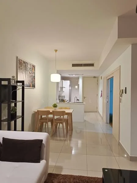 Living features: white painted walls, glossy tile flooring, 5-blade ceiling fan with light, sofa in white, decorative throw pillows, framed artwork on wall, area rug with geometric pattern, open shelving unit, dining table with four wooden chairs; style: modern. Kitchen features: white cabinetry, stainless-steel sink, chrome pull-down faucet, kitchen island, built-in oven, freestanding range oven, microwave, refrigerator, pendant light above island; style: modern.