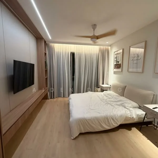 Bedroom features: queen-size bed with white bedding, wooden bed frame, wall-mounted TV, built-in wooden cabinetry, light wood flooring, 5-blade ceiling fan, floor-to-ceiling windows with sheer curtains, nightstand with lamp, framed artwork on walls, recessed lighting; style: modern.