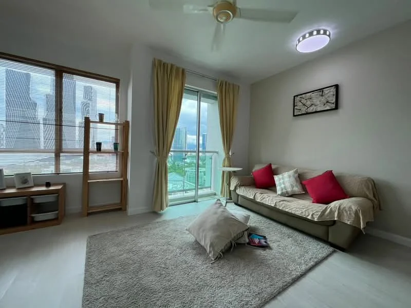 Living features: 3-seater fabric sofa in beige, red accent cushions, light grey area rug, floor-to-ceiling windows, sheer curtains, ceiling fan with light, wall-mounted artwork, wooden shelving unit, small round side table, decorative throw pillow; style: modern; view: city.