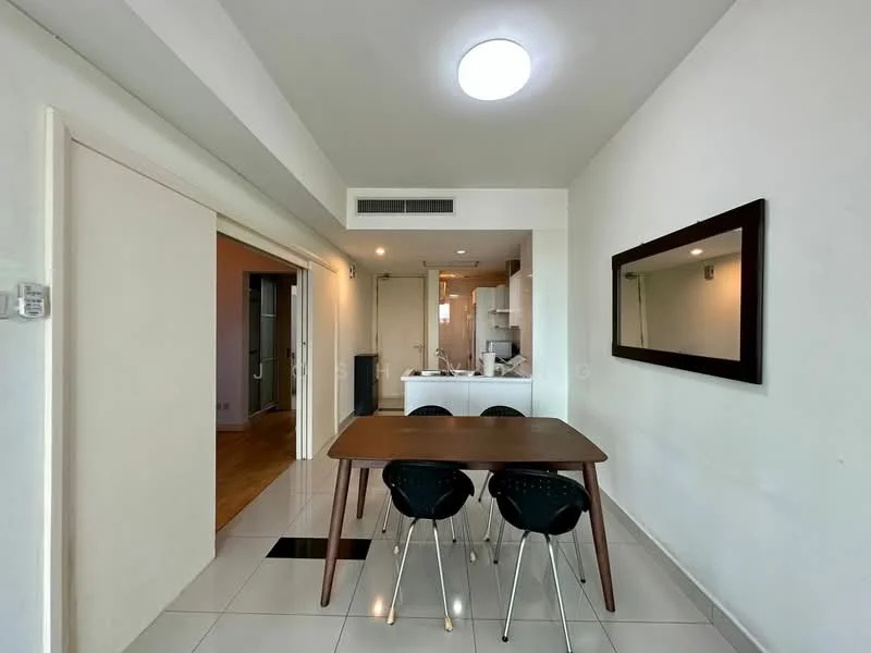Dining features: white painted walls, tile flooring, round ceiling light, wooden dining table, four black dining chairs, mirror on wall, open layout to kitchen, doorway to hallway; style: modern. Kitchen features: white cabinetry, stainless-steel appliances, countertop, open layout to dining area; style: modern.