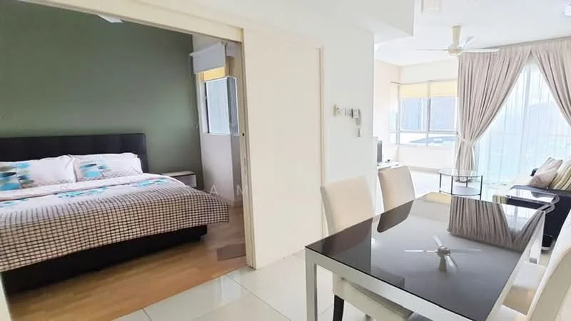 Living features: dining table with four chairs, floor-to-ceiling windows, curtains, ceiling fan, wooden flooring, white walls, decorative wall with green paint; style: modern; view: city. Bedroom features: queen-size bed with patterned bedding, upholstered headboard, nightstand, table lamp, window with blinds, wooden flooring, green accent wall; style: modern.