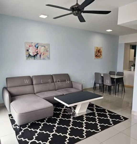 Living features: L-shape sectional sofa in grey, coffee table with black top and white base, area rug with geometric pattern in black and white, wall-mounted ceiling fan, two framed artworks on walls, glossy tile flooring, light blue painted walls, dining table with four chairs visible in background; style: modern.