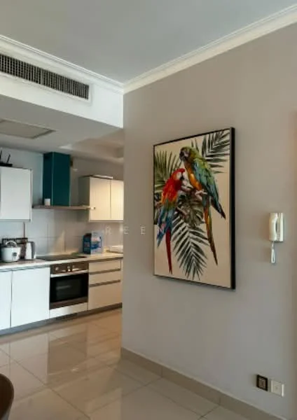 Room features: white cabinets, stainless-steel oven, stainless-steel cooktop, white countertops, grey walls, glossy tile flooring, framed artwork with parrots, kitchen appliances visible, wall-mounted phone, recessed ceiling lights, open layout, kitchen island, ventilation system; style: modern.