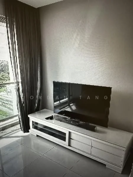 Living features: white TV console with drawers, wall-mounted TV, grey painted walls, large windows with sheer curtains, glossy tile flooring, greenery view from window; style: modern; view: garden.